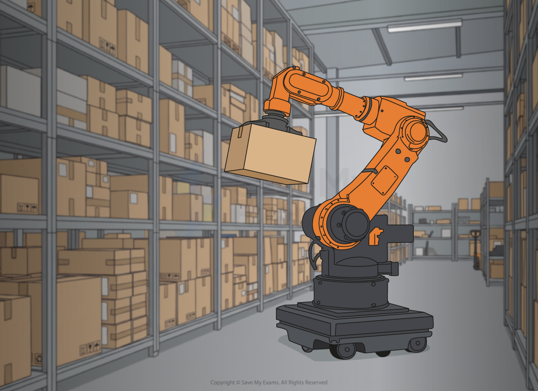 Orange robotic arm lifts a cardboard box between tall warehouse shelving racks filled with parcels under bright industrial lighting