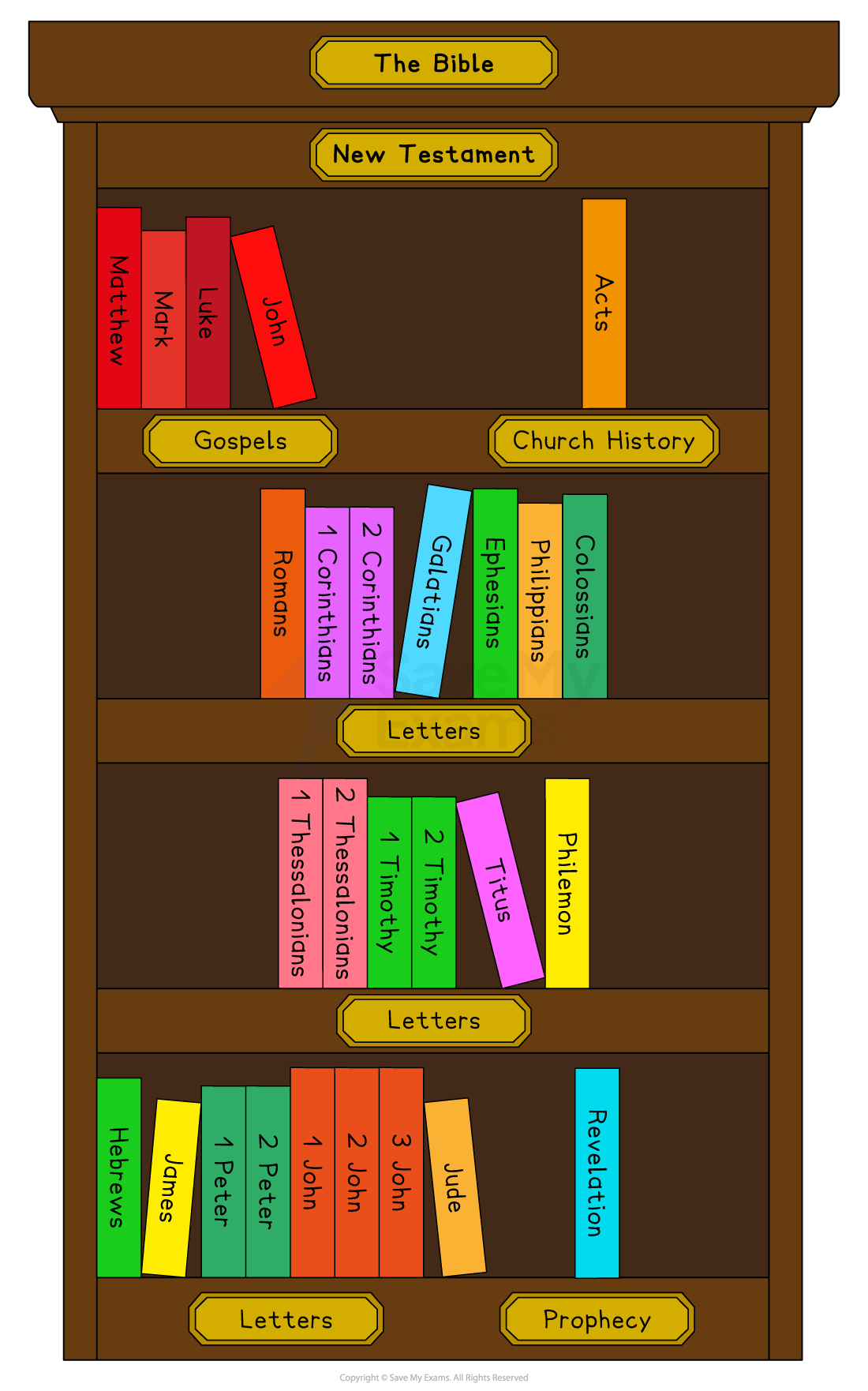 Illustrated bookcase labelled “The Bible” showing New Testament sections: Gospels, Church History, Letters and Prophecy, with each book named on colourful spines