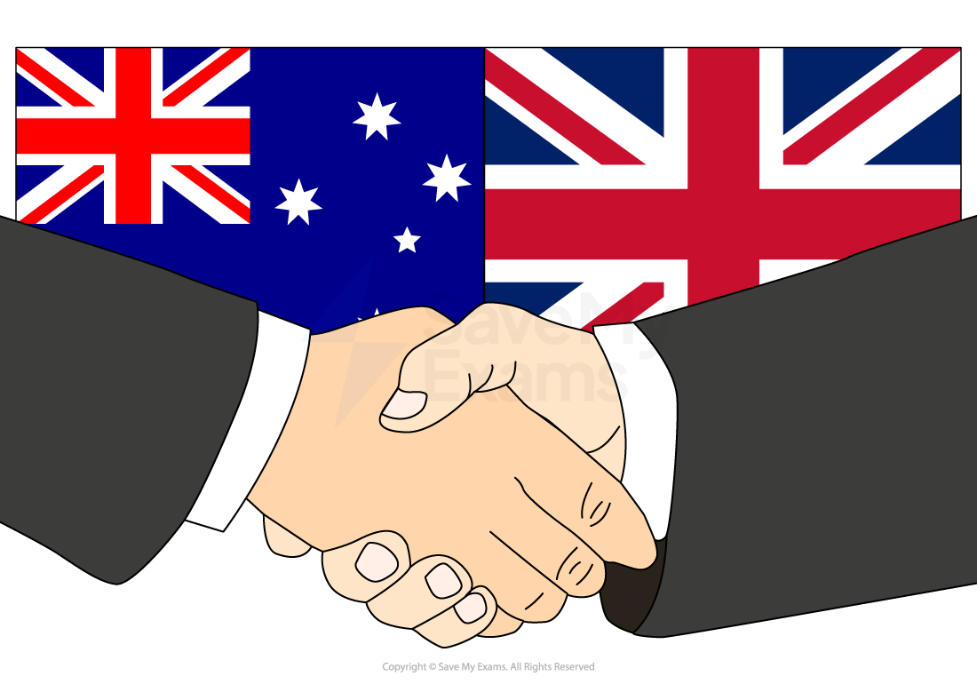 Cartoon handshake in front of overlapping Australian and British flags, symbolising cooperation or partnership between Australia and the United Kingdom