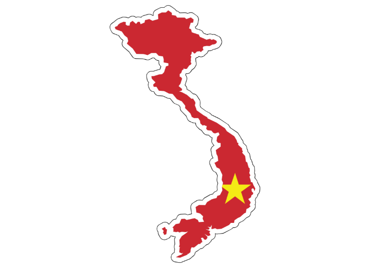 Red silhouette map of Vietnam with a yellow five-pointed star in the south-east, outlined in white on a plain white background
