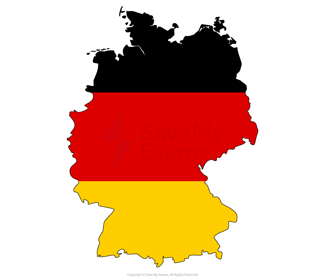 Map outline of Germany filled with the national flag’s horizontal black, red and gold stripes on a white background