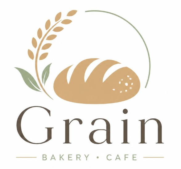 Logo for “Grain Bakery Café” showing a stylised loaf of bread with wheat stalk and leaves, framed by a soft green arc on a white background