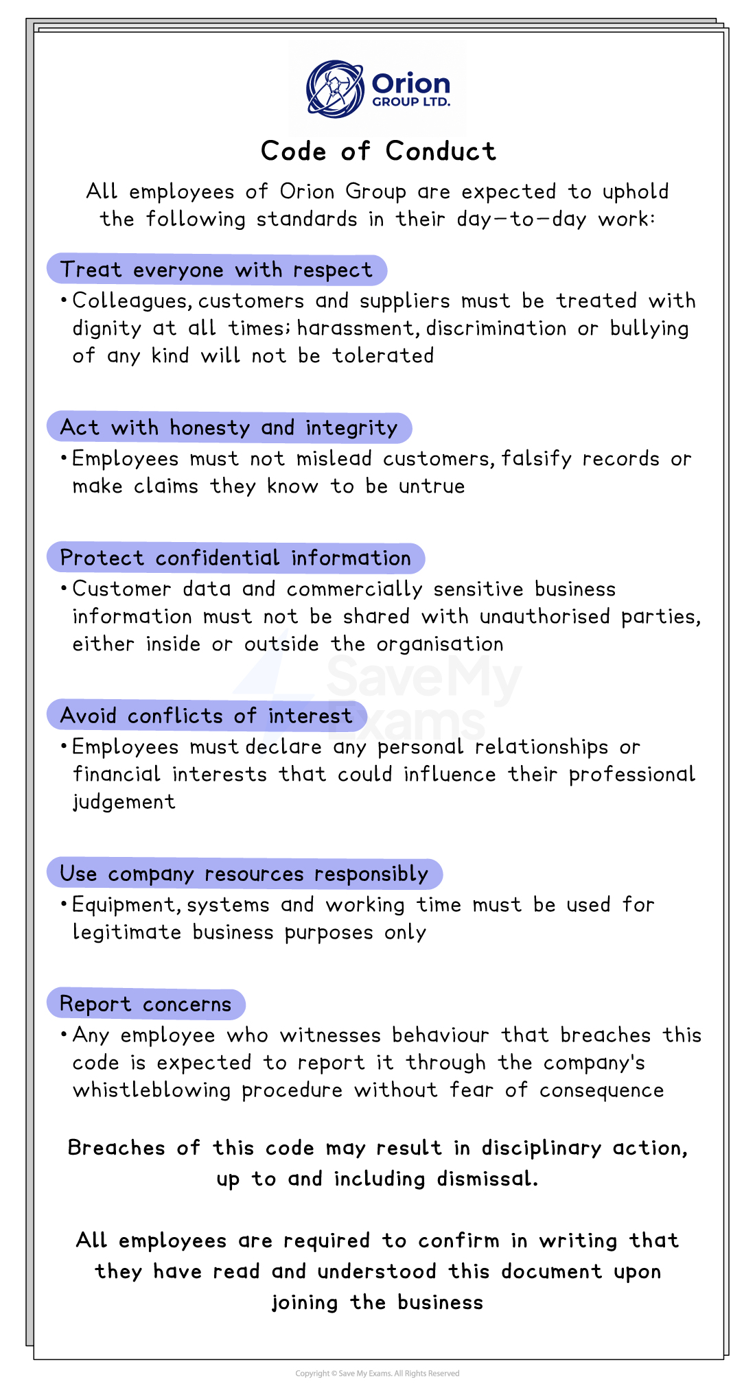 Clipboard displaying Orion Group Ltd Code of Conduct document outlining respect, honesty, confidentiality, conflict of interest, resource use and reporting concerns