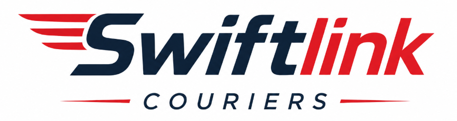 Swiftlink Couriers logo with bold navy and red text and stylised red wings suggesting fast, streamlined delivery services