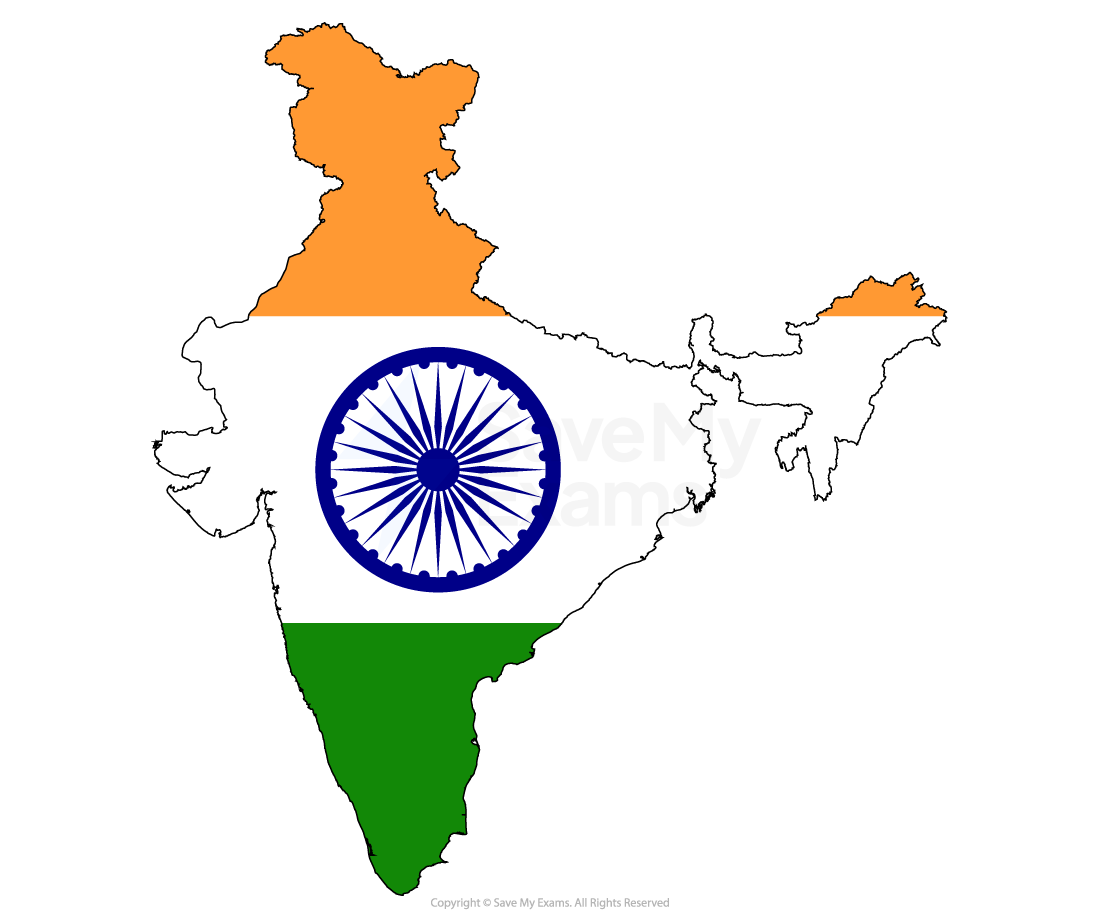 Outline map of India filled with tricolour flag bands and a blue Ashoka Chakra wheel in the centre on a white background