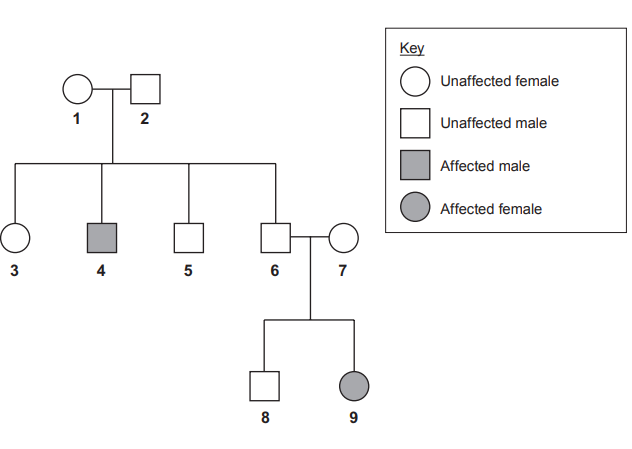 [Figure: Family tree diagram showing nine individuals (numbered 1–9) across generations, using a key of unaffected female, unaffected male, affected male, and affected female symbols, showing how cystic fibrosis is inherited]