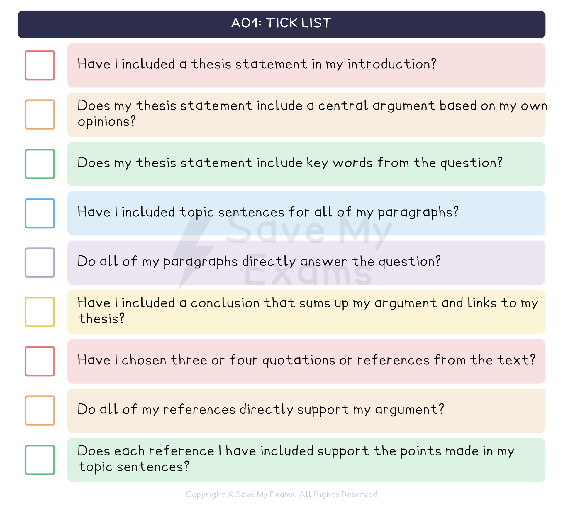 AO1 tick list for the AQA GCSE English Literature essay (answering the question and using evidence), with a tick box beside each question: Have I included a thesis statement in my introduction? Does my thesis statement include a central argument based on my own opinions? Does my thesis statement include key words from the question? Have I included topic sentences for all of my paragraphs? Do all of my paragraphs directly answer the question? Have I included a conclusion that sums up my argument and links to my thesis? Have I chosen three or four quotations or references from the text? Do all of my references directly support my argument? Does each reference I have included support the points made in my topic sentences?