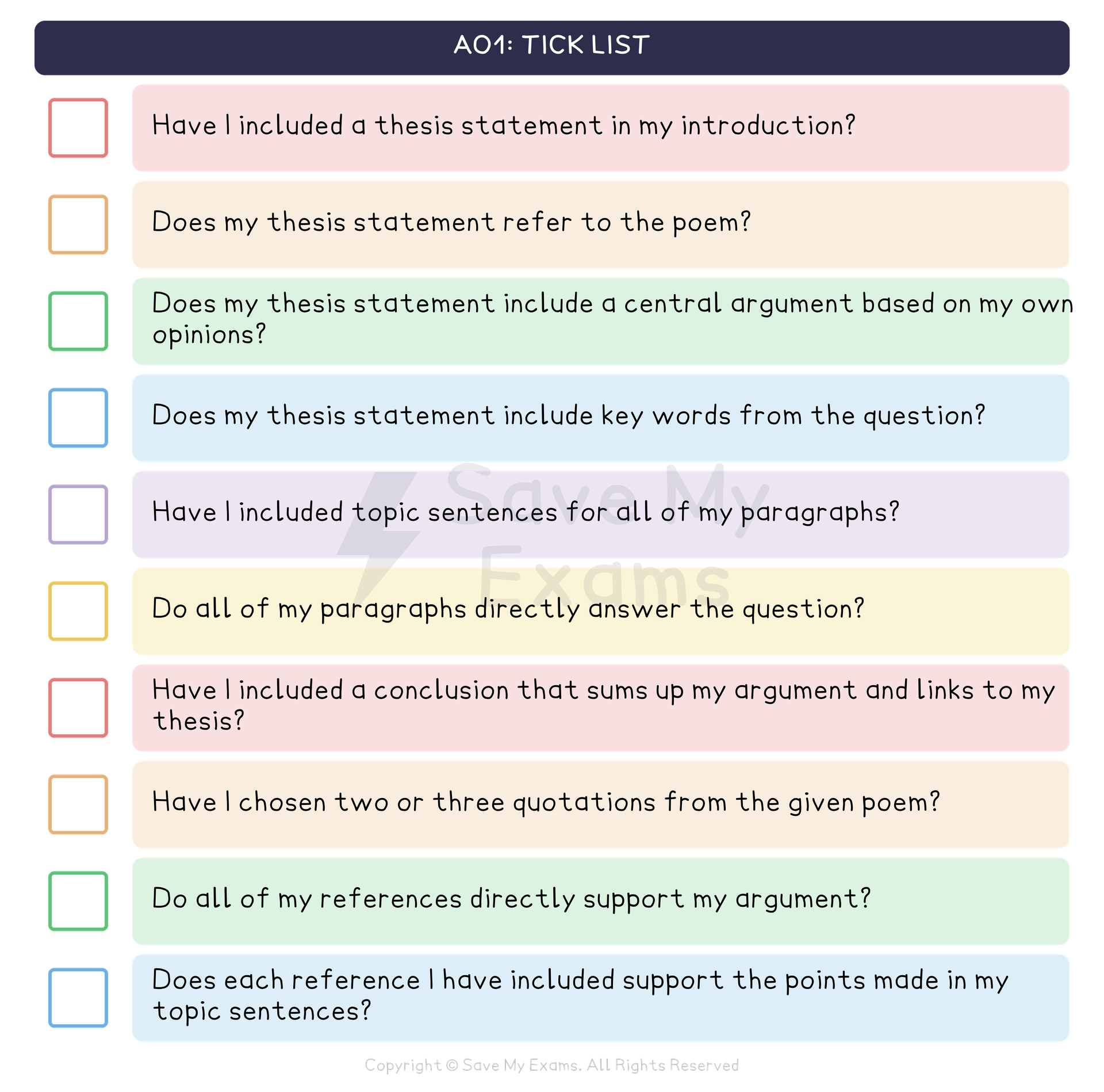 AO1 tick list for the AQA GCSE English Literature essay (answering the question and using evidence), with a tick box beside each question: Have I included a thesis statement in my introduction? Does my thesis statement refer to the poem? Does my thesis statement include a central argument based on my own opinions? Does my thesis statement include key words from the question? Have I included topic sentences for all of my paragraphs? Do all of my paragraphs directly answer the question? Have I included a conclusion that sums up my argument and links to my thesis? Have I chosen two or three quotations from the given poem? Do all of my references directly support my argument? Does each reference I have included support the points made in my topic sentences?