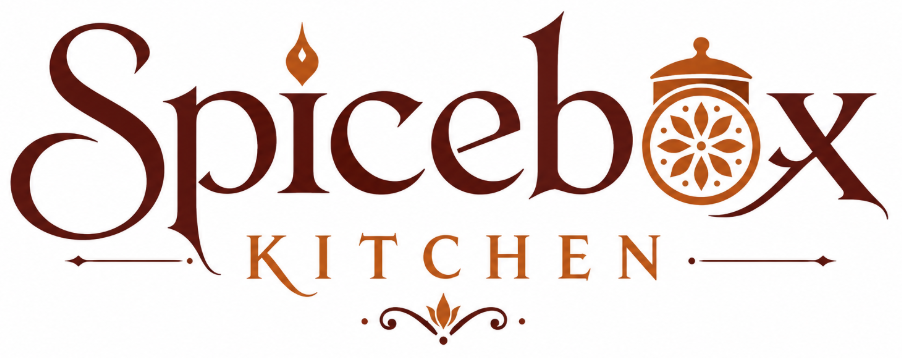 Spicebox Kitchen logo with ornate brown lettering, stylised spice pot forming the letter O, and decorative flourishes beneath the word Kitchen