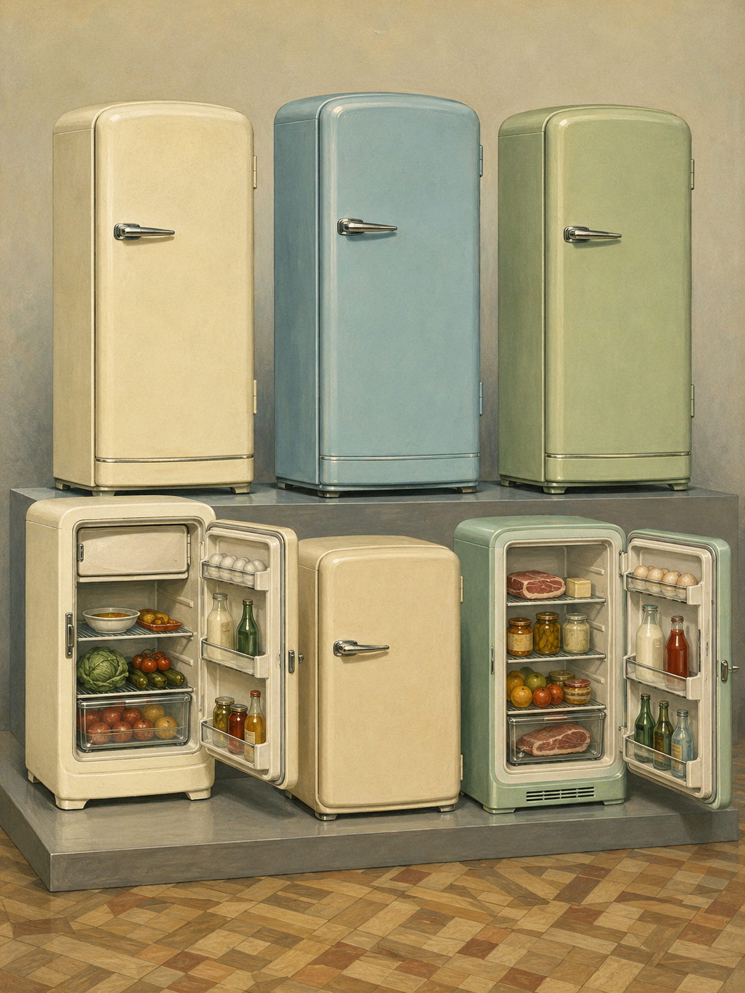 Vintage Soviet advert showing several white 1950s fridges on a tiled floor, two open to reveal neatly arranged food, drinks and desserts inside