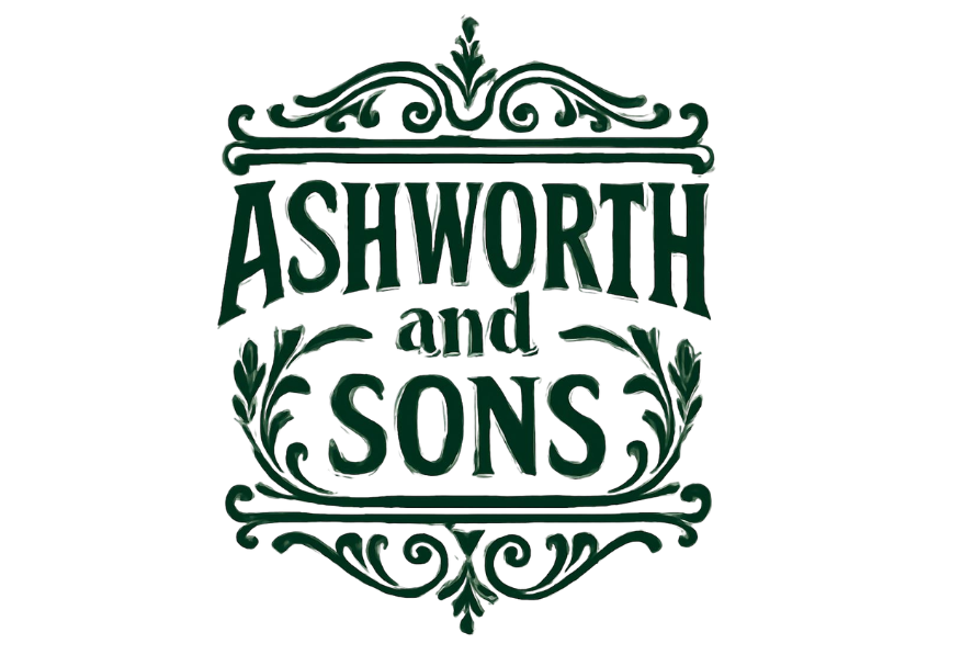 Dark green vintage-style logo reading “ASHWORTH and SONS”, framed by ornate scrollwork and leafy flourishes on a white background