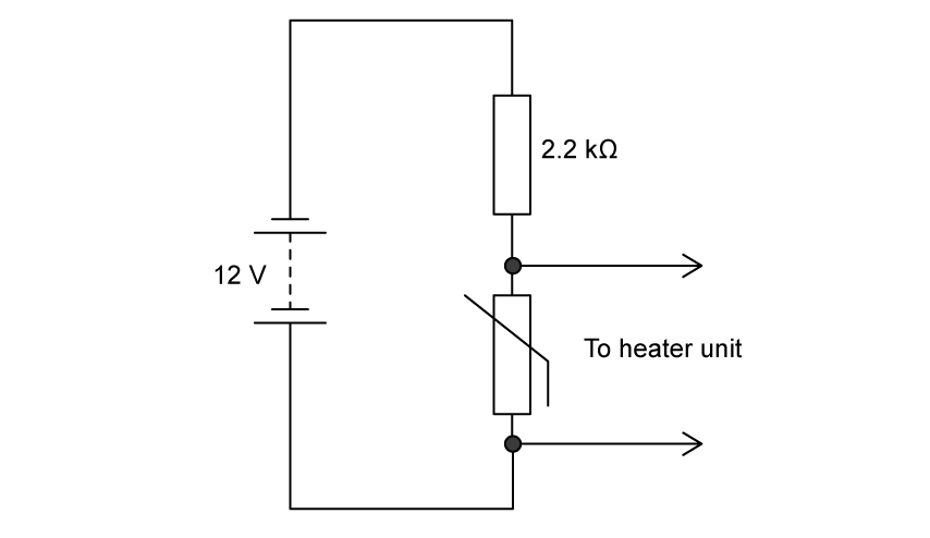 Circuit diagram showing a 12 volt battery connected in series with a thermistor (resistor symbol with a diagonal line through it) and a fixed resistor labelled 2.2 kilohms. Two terminals across the thermistor are labelled "to heater unit".
