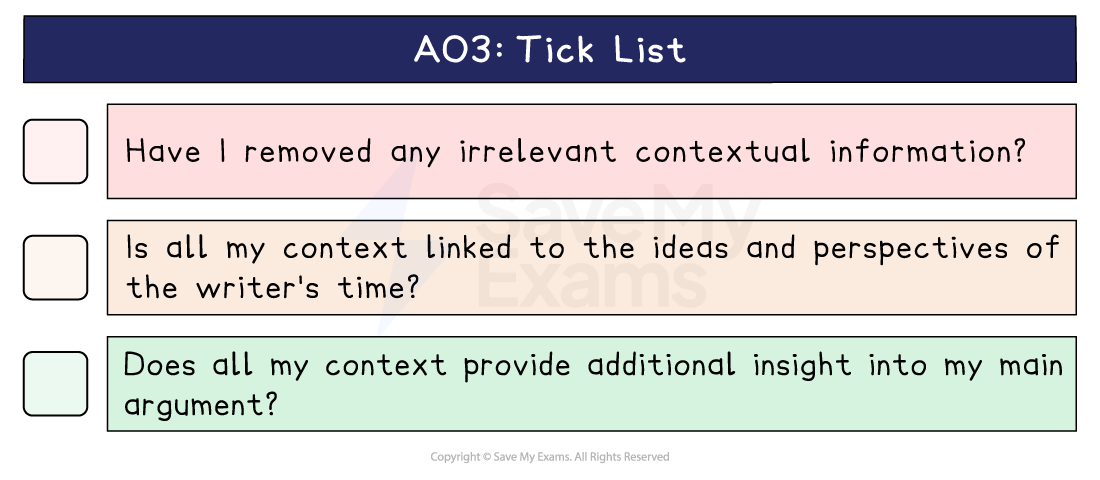 AO3 tick list with three checkboxes on cutting irrelevant context and tying it to the writer's time and to the main argument.