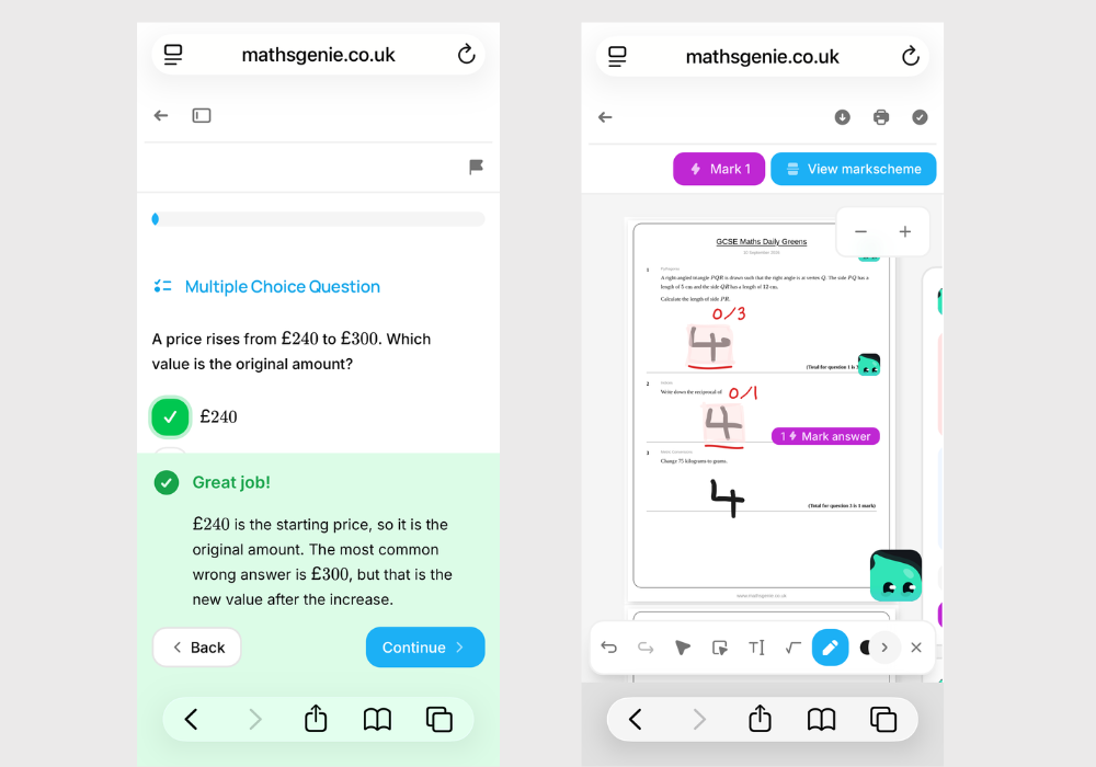 Two Maths Genie screenshots showing a correctly marked multiple-choice question and a Daily Greens worksheet with handwritten answers being marked.