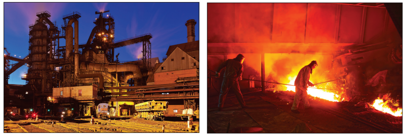 Two photographs of iron and steel production: an illuminated blast furnace and industrial plant at dusk, followed by workers using long tools beside a furnace containing glowing molten metal.