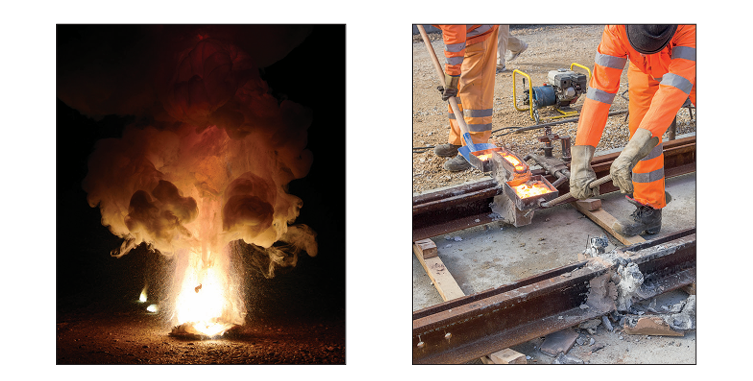Two photographs. The first shows the thermite reaction in progress — a crucible producing intense white sparks and molten metal. The second shows the thermite process being used on a railway track, with a mould clamped around a rail joint and the reaction taking place above it to weld the rail
