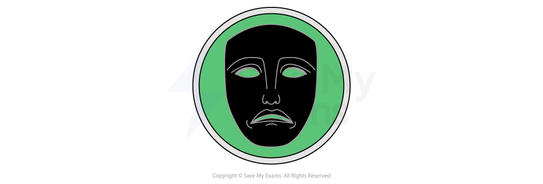 Tragedy icon: a black theatre mask in a green circle, marking the section on the conventions of tragedy.