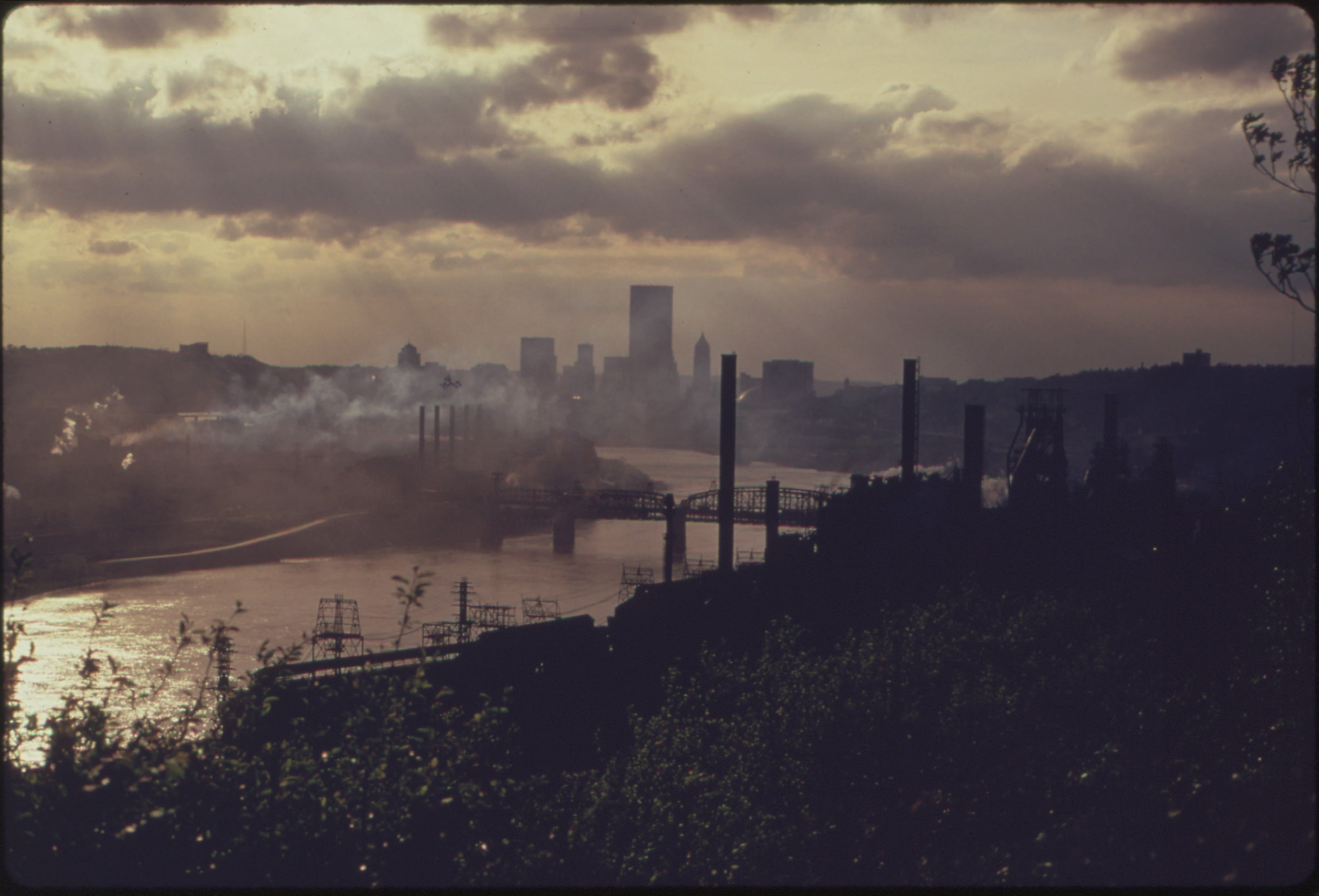 Industrial smoke haze over Pittsburgh from Jones and Laughlin Steel Corporation plants along the Monongahela River.