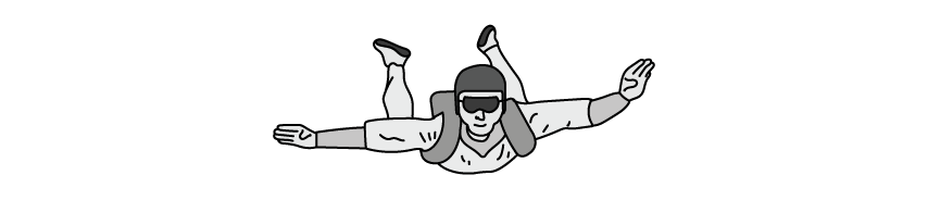 Line drawing of the skydiver in free fall, seen from the front, wearing a helmet, goggles and a harness, with both arms and both legs spread out. No forces are marked on the diagram.