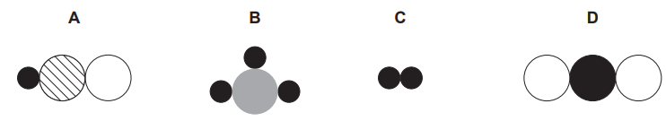 Figure: Four molecule diagrams made of coloured/patterned circles. Diagram A: three circles in a row — black, diagonally hatched, white. Diagram B: a central grey circle with three black circles attached around it (one above, two to the sides). Diagram C: two black circles joined together. Diagram D: three circles in a row — white, a larger black circle in the centre, white.