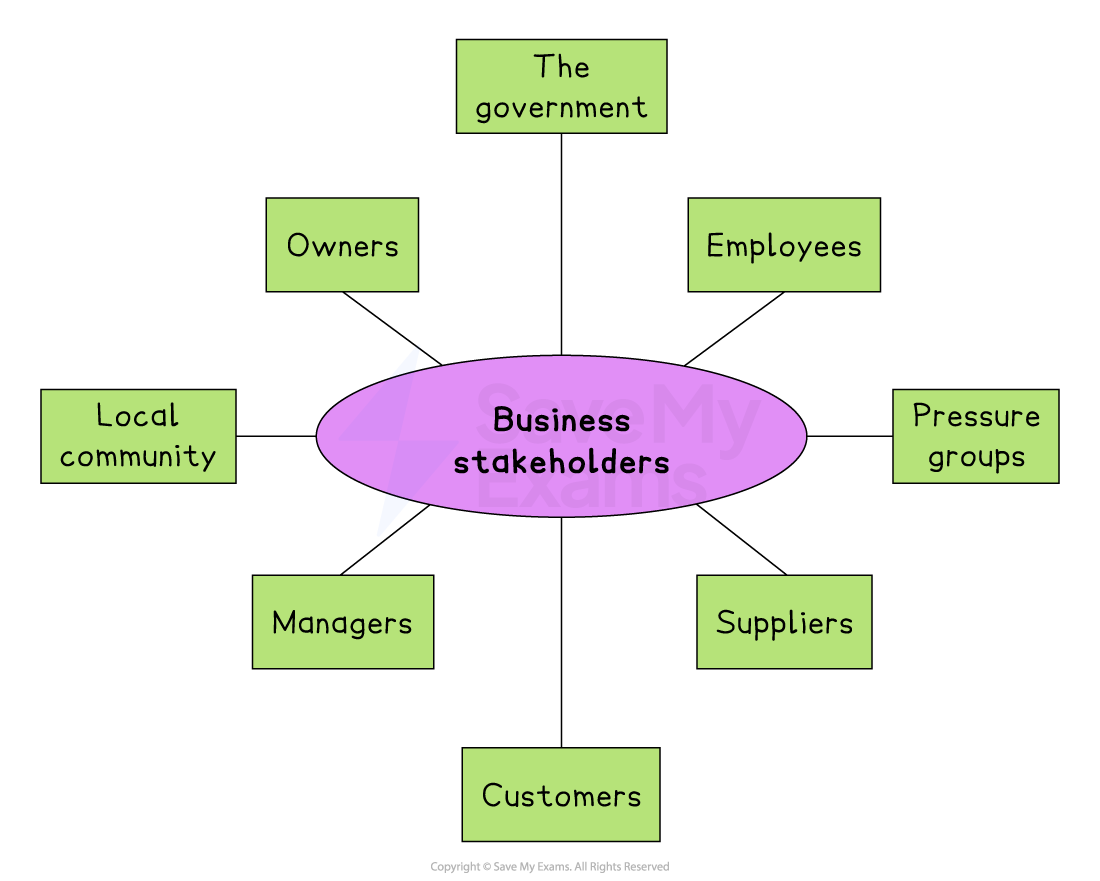 Diagram of business stakeholders, showing owners, employees, customers, government, suppliers, managers, local community, and pressure groups.