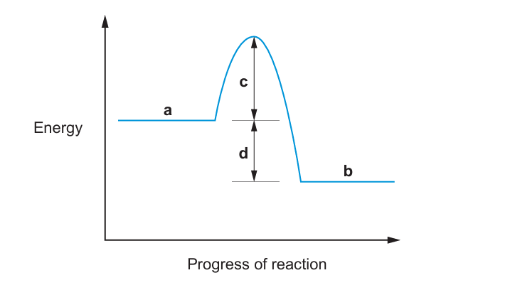 Energy profile (reaction) diagram. The y-axis is labelled "Energy" and the x-axis "Progress of reaction". A curve rises from the reactants' energy level, up over a labelled hump, then down to a lower energy level for the products (an exothermic reaction). Letter a labels the top of the hump (the peak). Letter b labels the reactants' energy level at the start of the curve. Letters c and d label two vertical spans on the right-hand side: one spans from the reactants' energy level up to the peak, the other spans from the reactants' level down to the products' leve