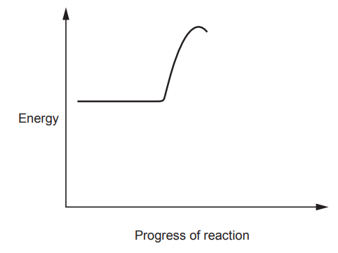 Figure: Energy profile diagram with axes labelled "Energy" (vertical) and "Progress of reaction" (horizontal). A flat line at a starting energy level rises steeply into a curved peak (representing the activation energy hump) and then stops at the top of the peak, not yet drawn back down to a final level — the candidate must complete the curve by drawing it back down to end at a final energy level