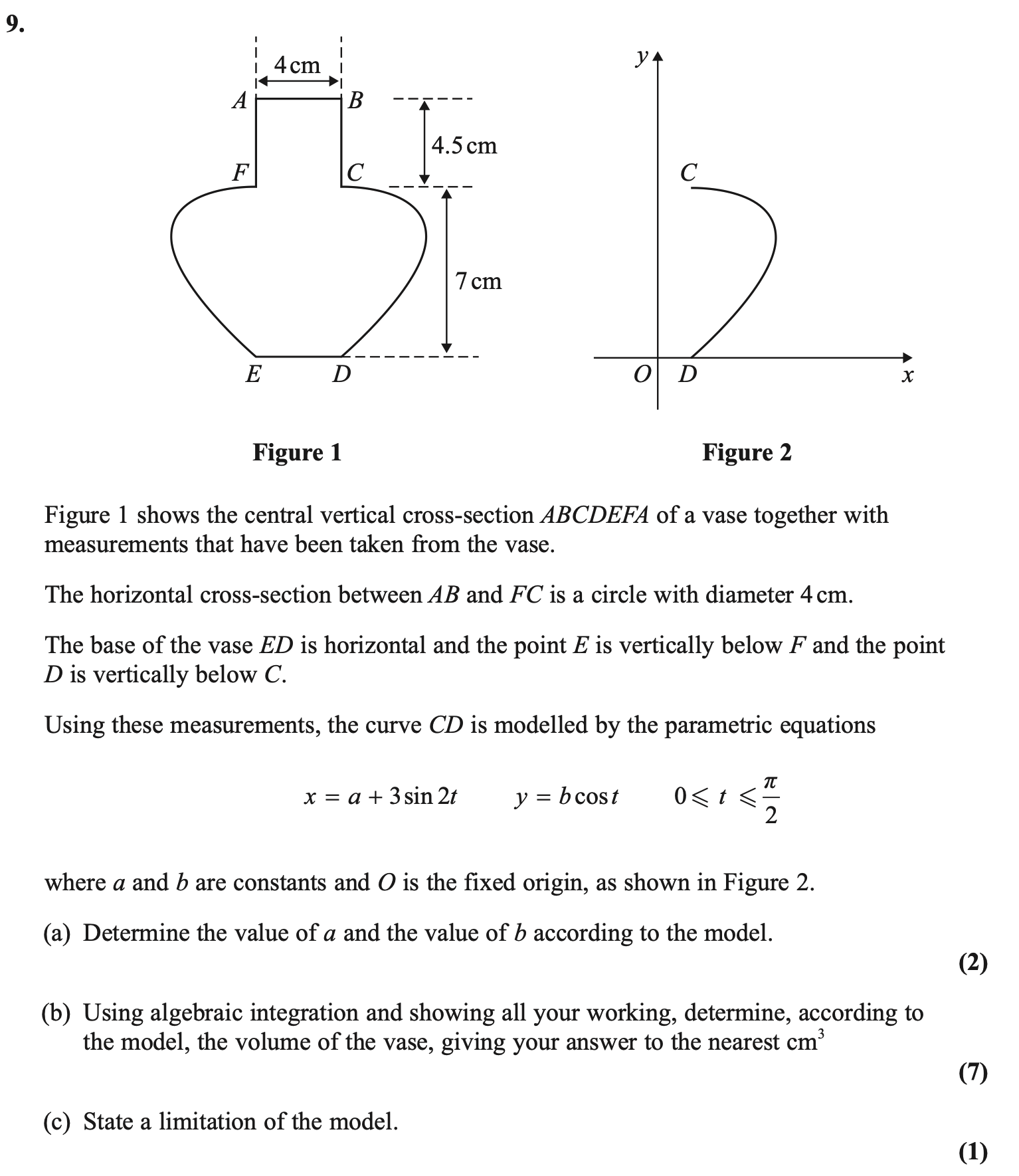 Exam question 9: a vase cross-section ABCDEFA with dimensions 4 cm, 4.5 cm and 7 cm, and axes showing curve CD. It gives x equals a plus three sine 2t, y equals b cosine t, and asks for a, b, volume and a model limitation.