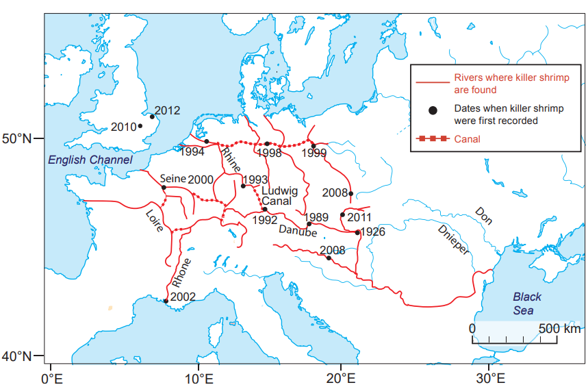 [Figure: Map of Europe showing rivers and canals (Danube, Rhine, Rhone, Loire, Seine, Ludwig Canal, Dnieper, Don, Black Sea, English Channel) where killer shrimp are found, with dates when they were first recorded at various points along each waterway]