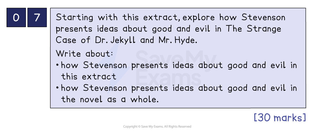 Exam question asks about how Stevenson shows good and evil in "Dr. Jekyll and Mr. Hyde", focusing on an extract and the novel overall, worth 30 marks.