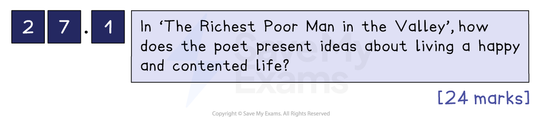 Exam question 2.7.1 asks how the poet in "The Richest Poor Man in the Valley" conveys living a happy and contented life. Worth 24 marks.