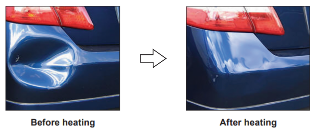 Figure: Two photographs of a car bumper showing a dent "Before heating" and the same bumper with the dent removed "After heating", demonstrating shape-memory recovery