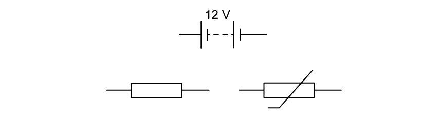 Three separate circuit symbols that are not joined by any wires: at the top a battery of two cells labelled 12 V, at the lower left a fixed resistor drawn as a plain rectangle, and at the lower right a thermistor drawn as a rectangle crossed by a long diagonal line. Each component has a short lead on either side but no wires connect them to one another.