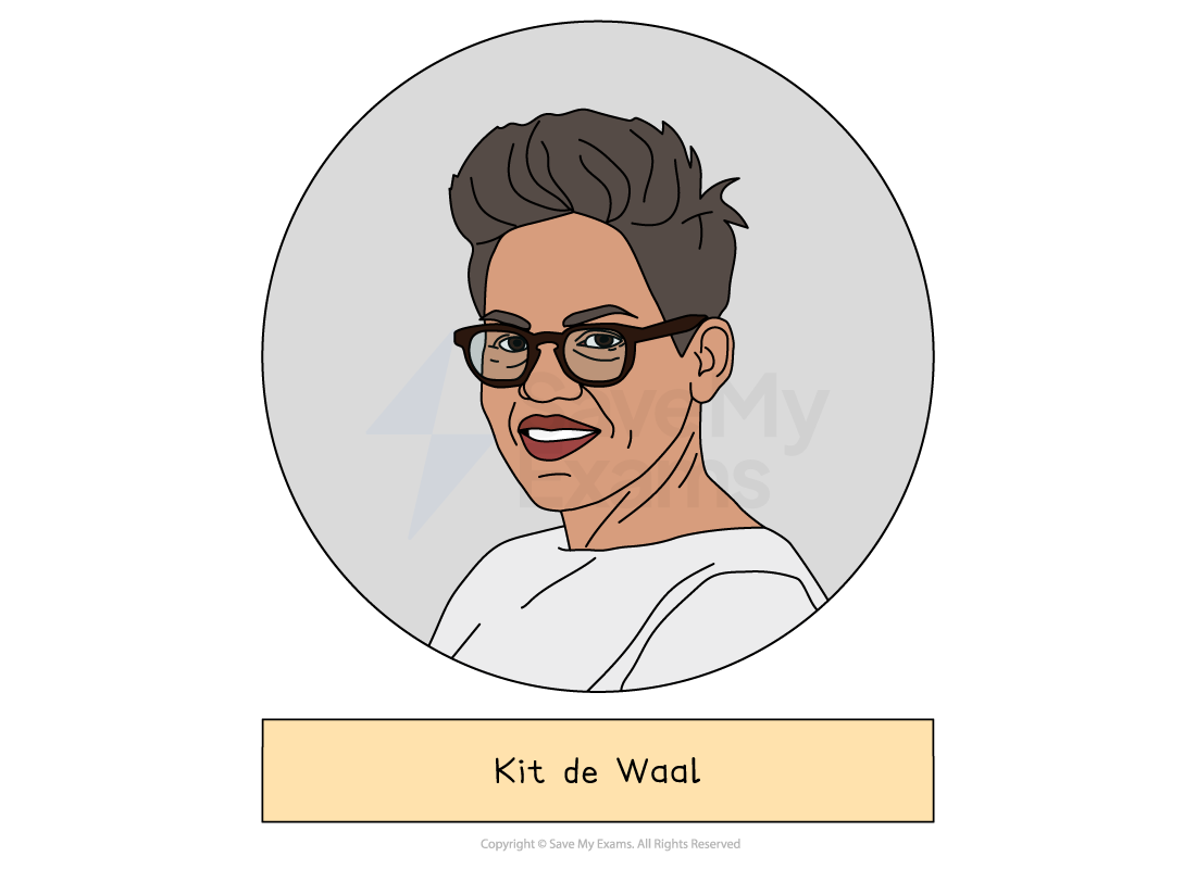 Illustrated head-and-shoulders portrait of Kit de Waal, who wrote My Name is Leon, drawn in a grey circle above a label giving the name.