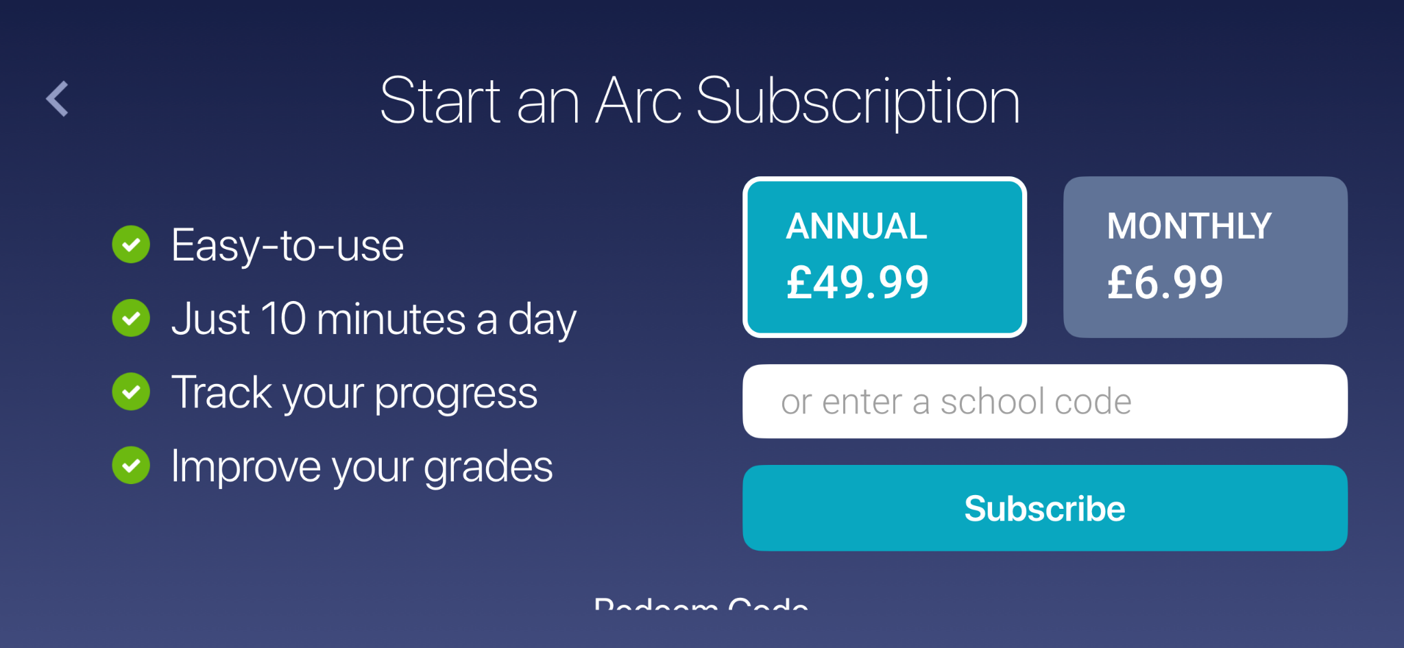 Arc Maths subscription screen showing annual access for £49.99, monthly access for £6.99 and an option to enter a school code.