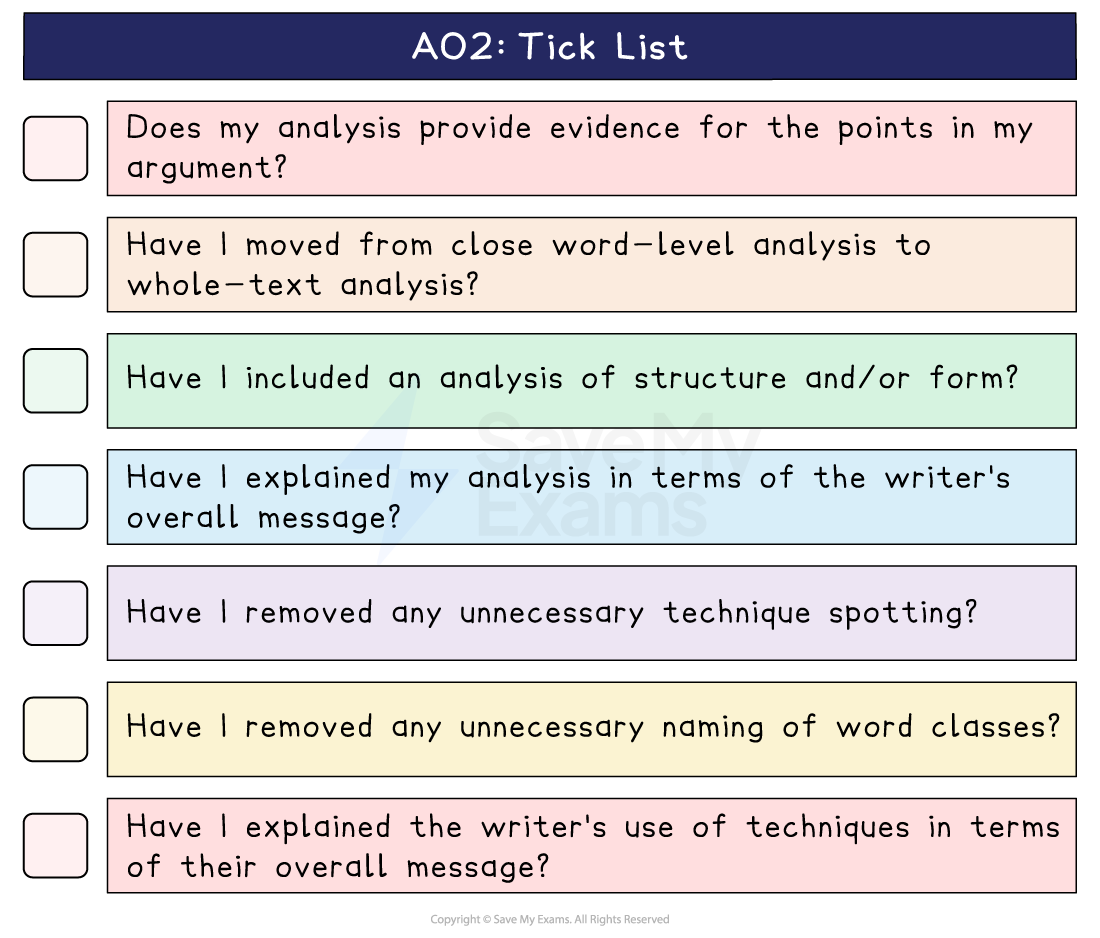 AO2 tick list with seven checkboxes on evidence, word-level and whole-text analysis, structure and form, and the writer's overall message.