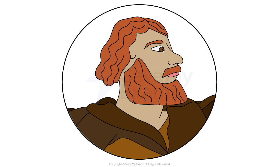 Illustration of Macduff, shown in right-facing profile with long red hair and a full red beard, wearing a brown cloak and tunic within a circular frame.