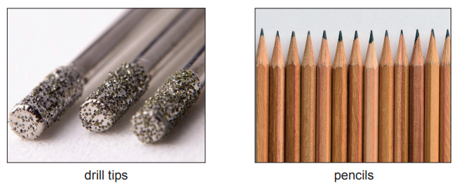 Figure: Two photographs side by side — drill tips coated with diamond grit, and a row of sharpened pencils
