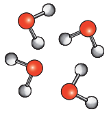 Figure: Four separate small covalent molecules (each with one central red atom double-bonded to two grey/white atoms, similar to CO2), scattered apart from each other with gaps between them, showing weak forces between separate molecules