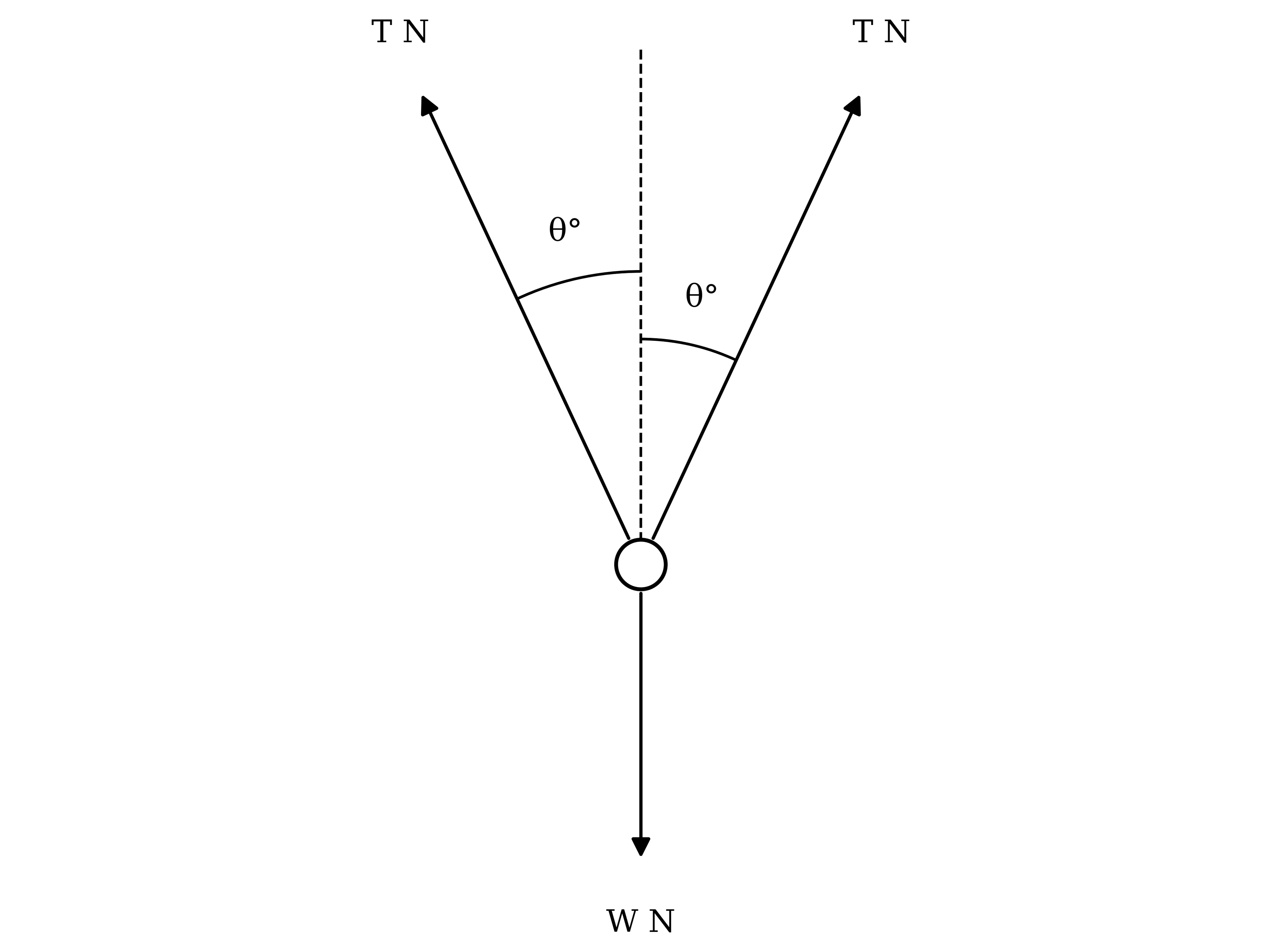 A load hanging from two cables. Each cable has tension T N and makes an angle θ° with a dashed vertical line through the load, one on each side. The weight W N acts vertically downwards