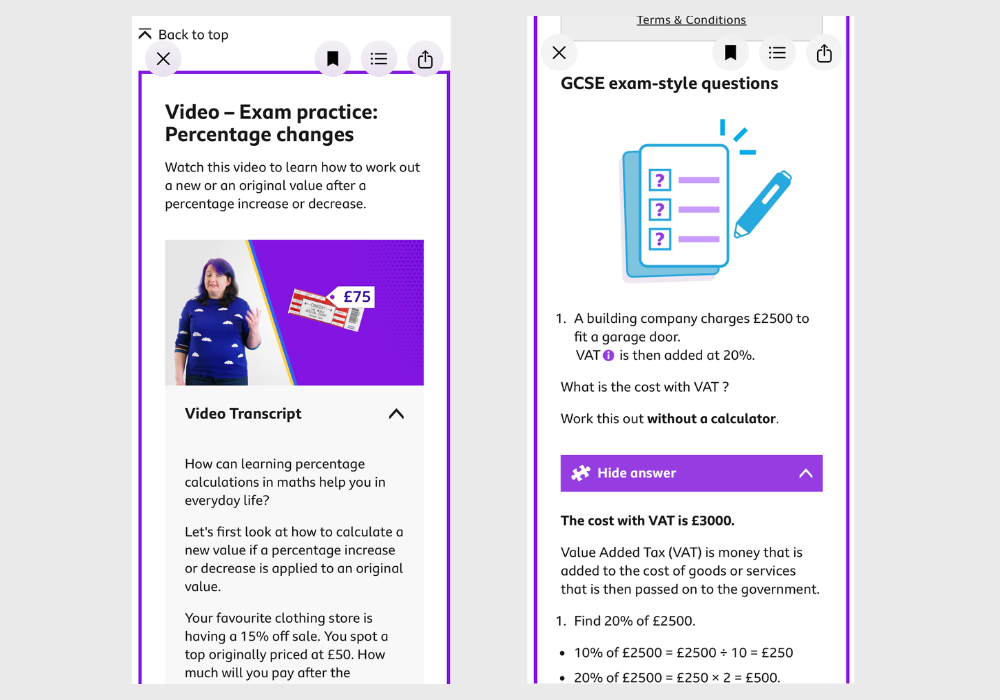 BBC Bitesize screenshots showing a percentage changes video with transcript and a GCSE exam-style percentage question with its worked answer revealed.