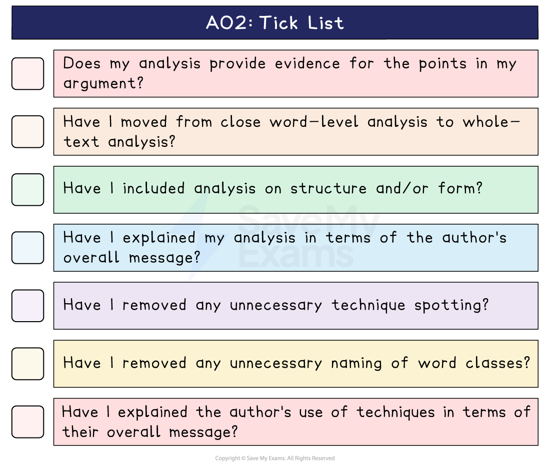 AO2 tick list with seven checkboxes on evidence, word-level and whole-text analysis, structure and form, and the author's overall message.