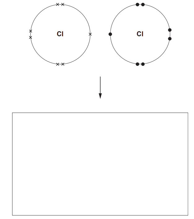 Figure: Blank box for the candidate to draw a dot-and-cross diagram of a chlorine molecule, showing the outer shells of two chlorine atoms overlapping with one shared pair of electrons between them.
