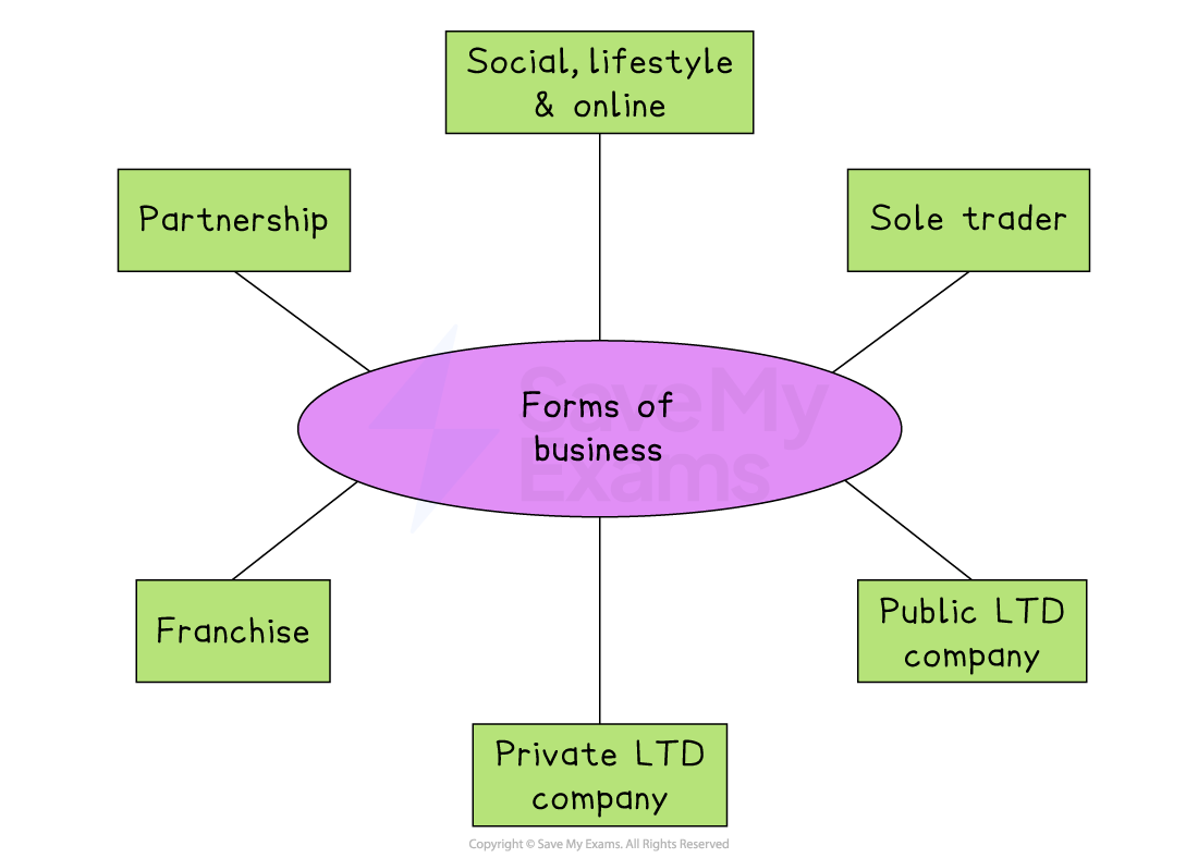 Diagram titled “Forms of Business” showing sole trader, partnership, private and public limited companies, franchise, and social, lifestyle and online businesses