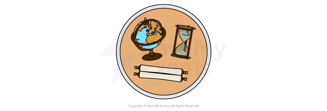 Historical context icon: a globe, a framed picture and a scroll in a brown circle, marking the section on the period the text was written in or set in.