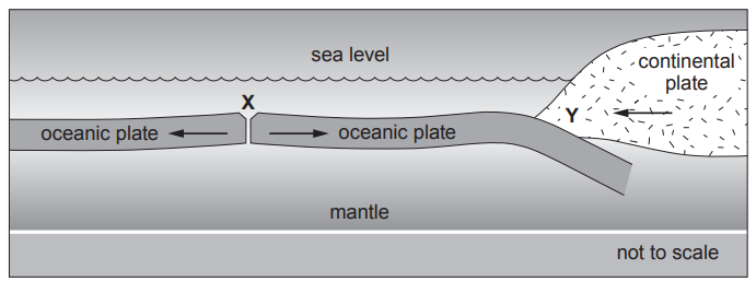 Figure: Cross-section diagram showing an oceanic plate and a continental plate meeting the mantle below, with sea level marked. Boundary X is where two oceanic plates move apart from each other, showing a gap between them. Boundary Y is where the oceanic plate is pushed underneath (subducted beneath) the continental plate.