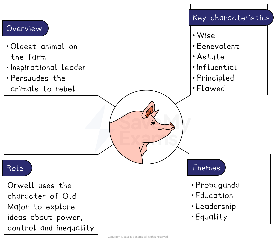Old Major character summary for Animal Farm, giving his key characteristics, role, themes and an overview in four panels around a portrait of him.