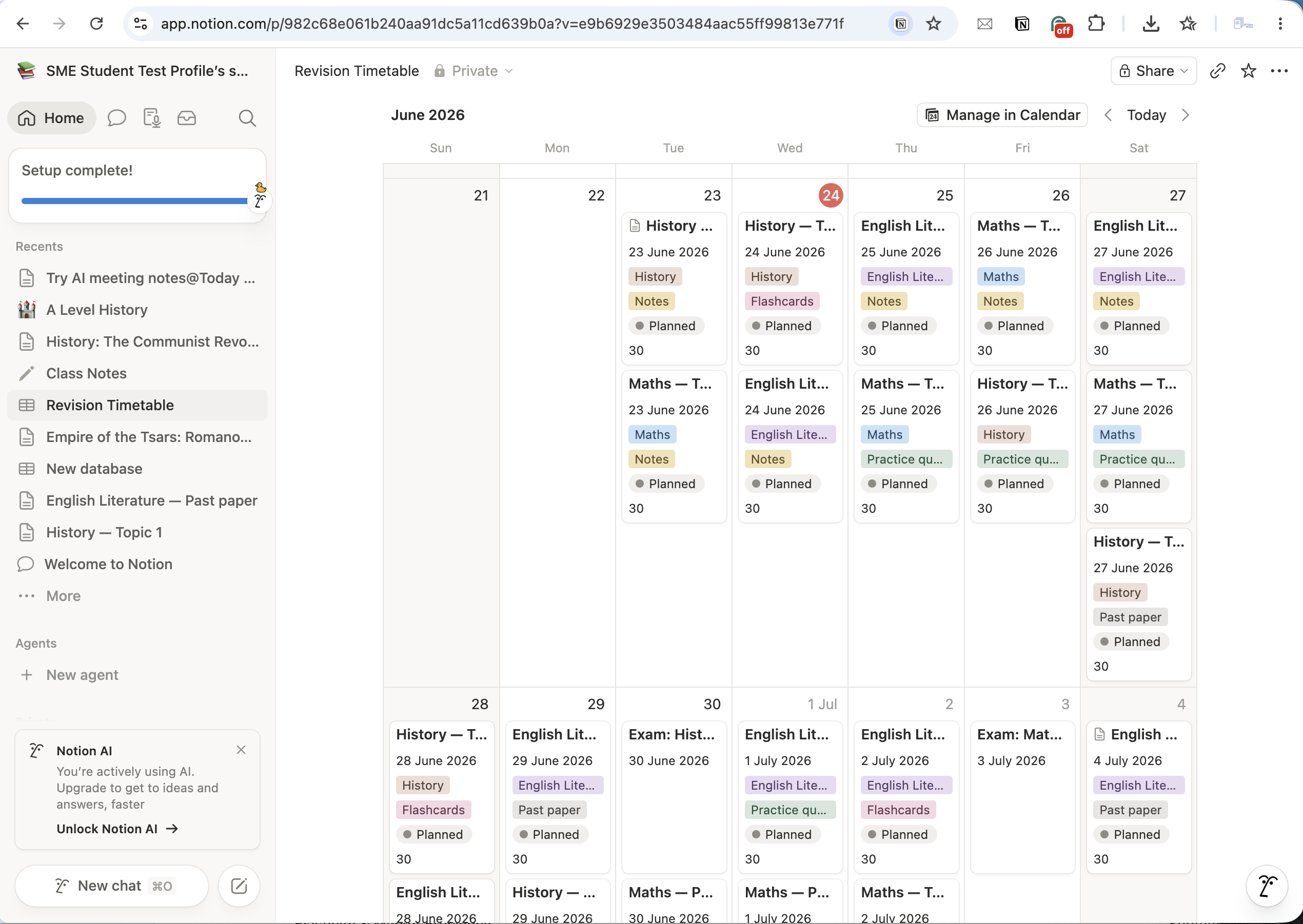 Notion revision timetable in calendar view for 21 June–4 July 2026, showing planned History, Maths and English Literature notes, flashcards, practice questions and past papers, plus History and Maths exams.