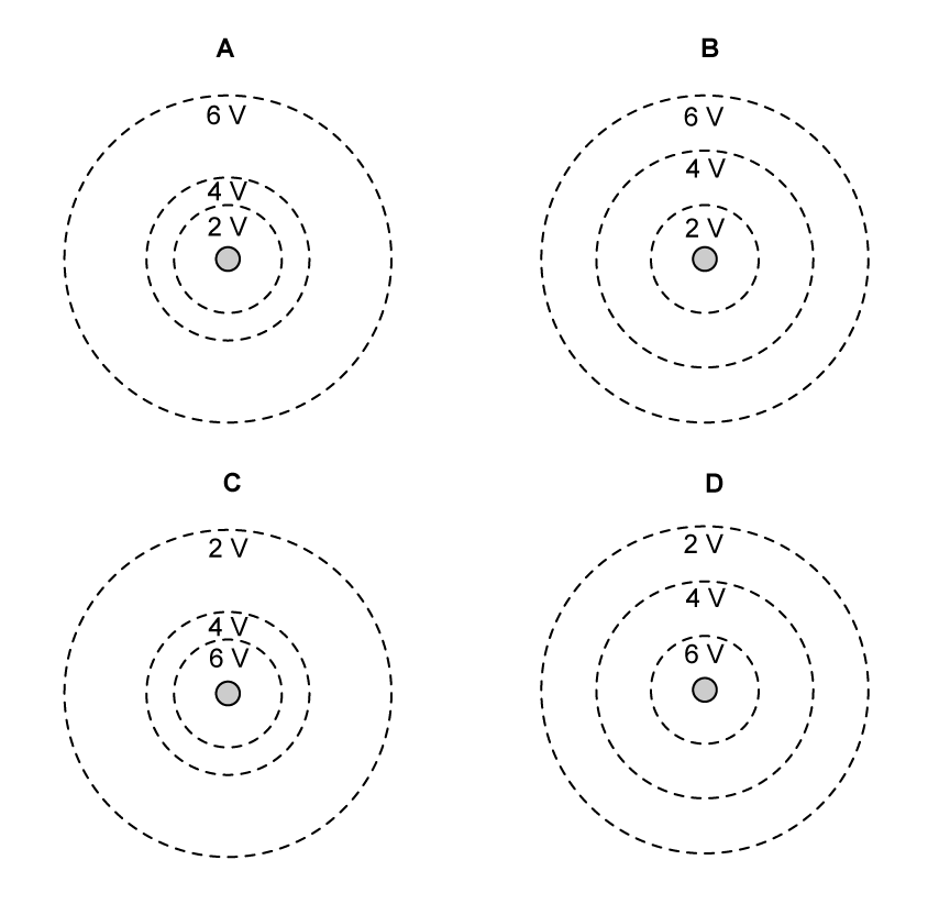 Four circular equipotential patterns A–D, each with 2 V, 4 V and 6 V rings around a central charge, differing in whether voltage increases inward or outward