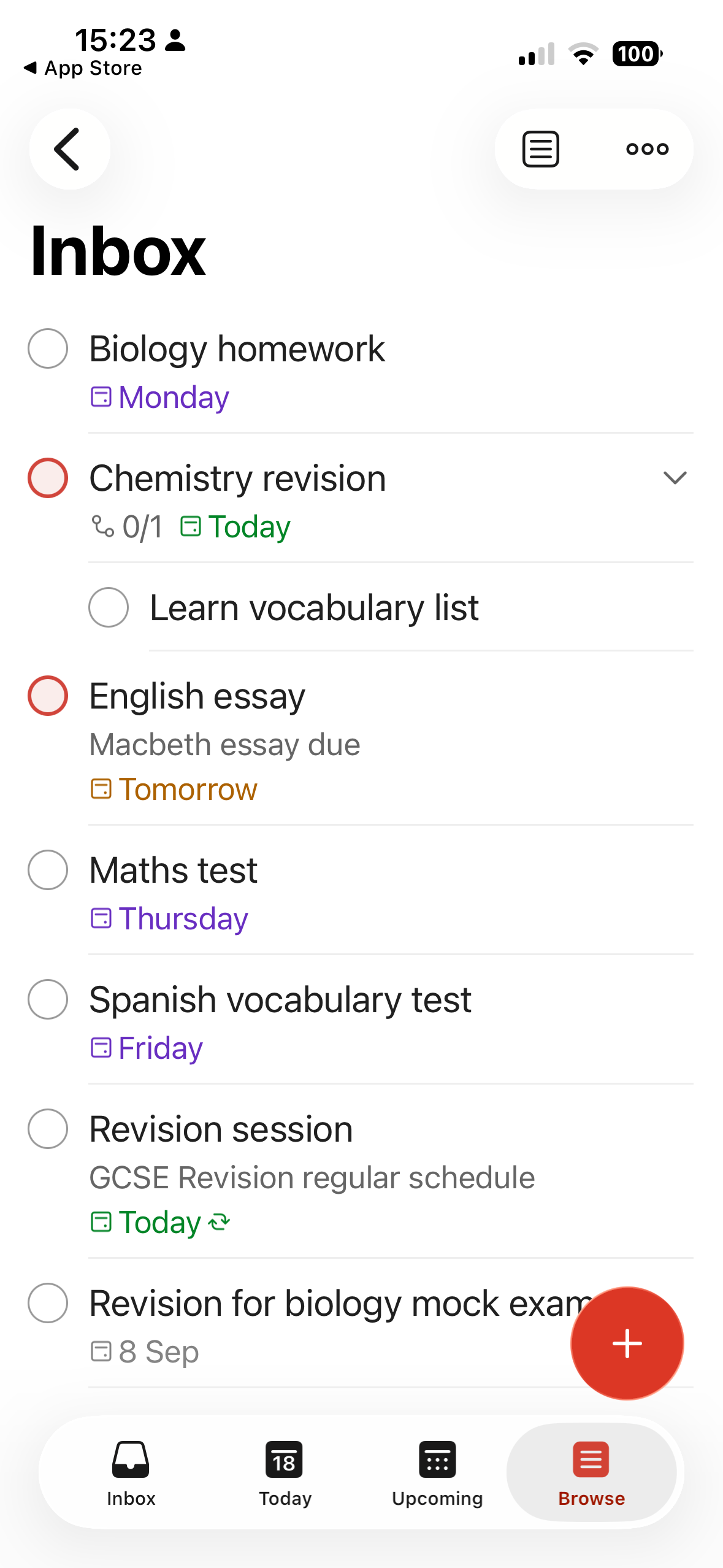 Todoist Inbox lists Biology homework (Monday), Chemistry revision (Today; 0/1 subtask), Learn vocabulary list, English essay (Tomorrow), Maths test (Thursday), Spanish vocabulary test (Friday), recurring revision (Today), and biology mock-exam revision (8 Sep).